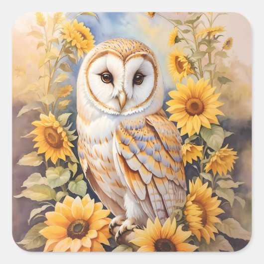 美しい納屋フクロウとヒマワリ スクエアシール (正面)