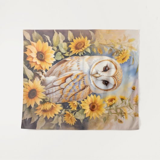 美しい納屋フクロウとヒマワリ タペストリー (正面(横))