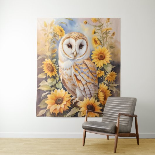 美しい納屋フクロウとヒマワリ タペストリー (インサイチュ)