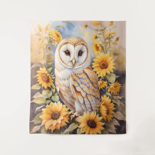 美しい納屋フクロウとヒマワリ タペストリー (正面)