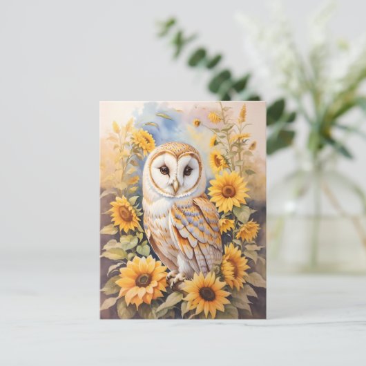 美しい納屋フクロウとヒマワリ ポストカード (スタンド正面)