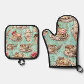 美しい素朴なブルーウッドキッチンイラスト 鍋つかみ&鍋敷きセット (正面)