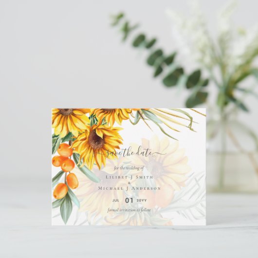 美しい素朴ひまわりパンパスグラス結婚ズ ポストカード (スタンド正面)