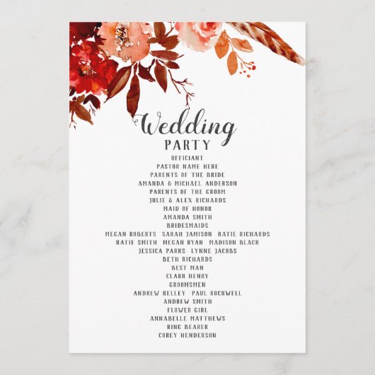 美しい素朴フローラボホシック結婚の式 プログラム (裏面)