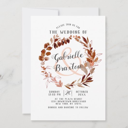 美しい素朴ボヘミアンリーフつる植物リース結婚ズ 招待状 (正面)