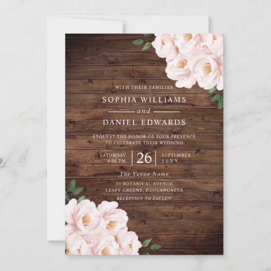 美しい素朴赤面ピンクエレガントな結婚式 招待状 (正面)