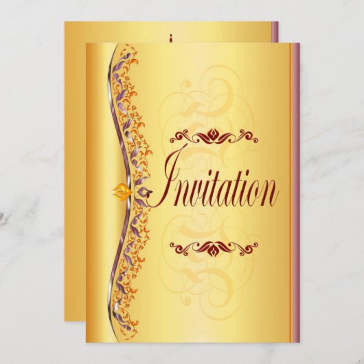 美しい紫とオレンジの金ゴールド招待状 招待状 (正面/裏面)