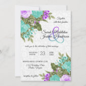 美しい紫とティール(緑がかった色)の花結婚の花 招待状 (正面)