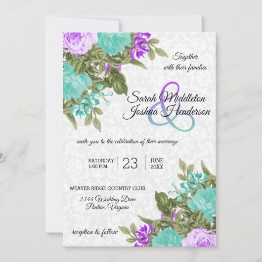 美しい紫とティール（緑がかった色）の花結婚の花 招待状 (正面)