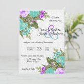 美しい紫とティール(緑がかった色)の花結婚の花 招待状 (スタンド正面)