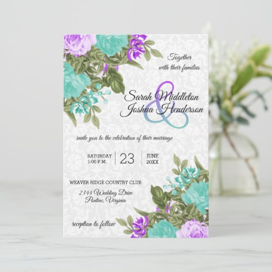 美しい紫とティール（緑がかった色）の花結婚の花 招待状 (スタンド正面)