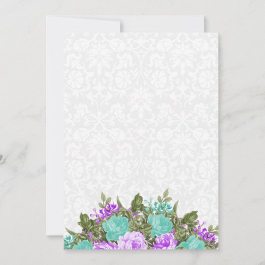 美しい紫とティール(緑がかった色)の花結婚の花 招待状 (裏面)