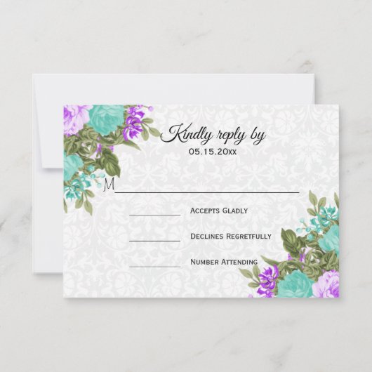 美しい紫とティール（緑がかった色）の花 – RSVP (裏面)