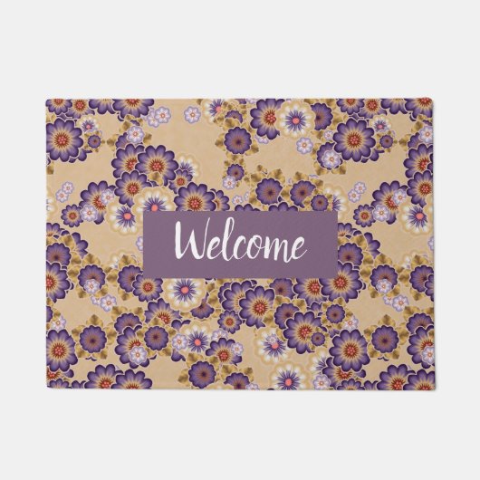 美しい紫と黄色のフローラグラフィック ドアマット (正面)