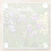 美しい紫のアイリス 花の庭 ガラスコースター (裏面)