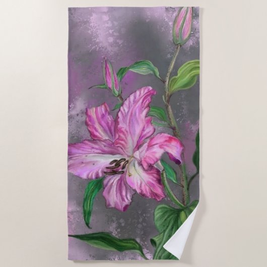 美しい紫のピンクのユリの花のミグン絵画ズ ビーチタオル (正面)