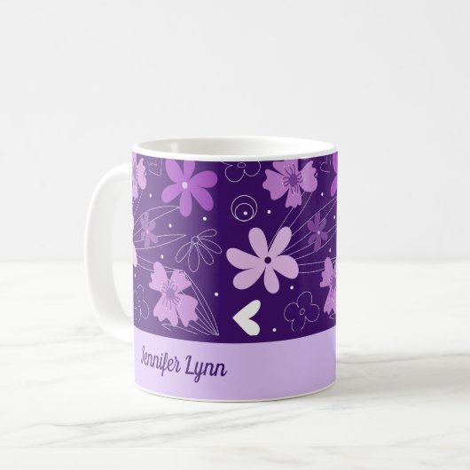 美しい紫のフローラガーリーパーソナライズされた コーヒーマグカップ (正面左)
