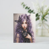 美しい紫の妖精蝶々 黒猫 ポストカード (スタンド正面)