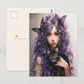 美しい紫の妖精蝶々 黒猫 ポストカード (正面/裏面)