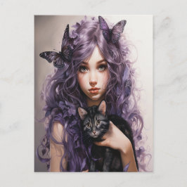 美しい紫の妖精蝶々 黒猫 ポストカード