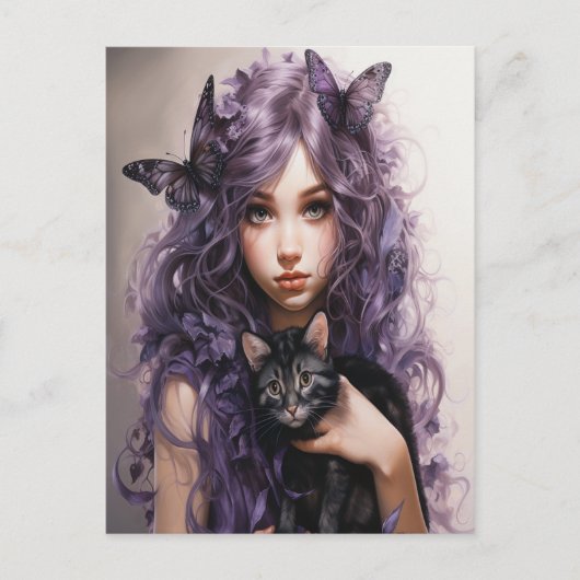 美しい紫の妖精蝶々 黒猫 ポストカード (正面)