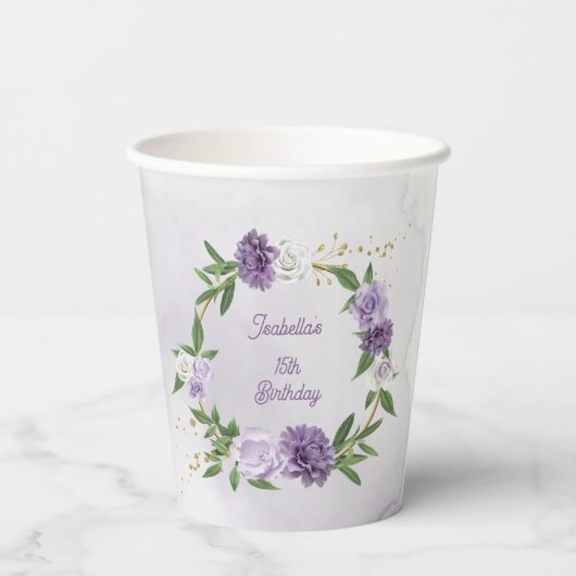 美しい紫の色合いの花々緑 紙コップ (裏面)