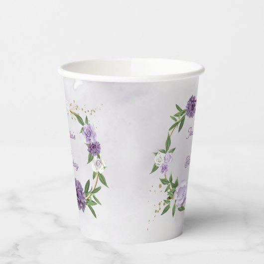 美しい紫の色合いの花々緑 紙コップ (左)