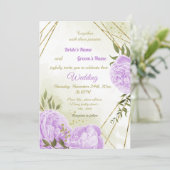 美しい紫の花と緑の葉の幾何学的なフレームの結婚式招待状。ゴールドのグリッターの詳細はシミュレートされ 招待状 (スタンド正面)