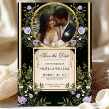 美しい紫の花の写真付きセーブ・ザ・デート招待状