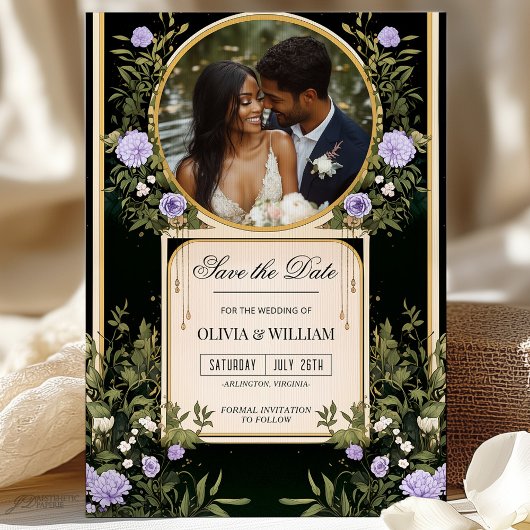 美しい紫の花の写真付きセーブ・ザ・デート招待状 招待状