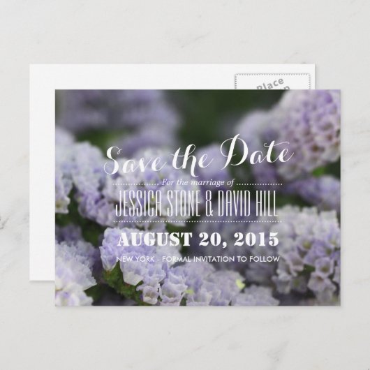 美しい紫の花の結婚式の日付を保存 案内ポストカード (正面/裏面)