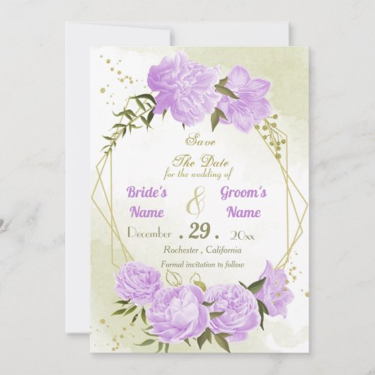 美しい紫の花の緑の幾何葉のか セーブザデート (正面)