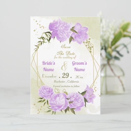 美しい紫の花の緑の幾何葉のか セーブザデート (スタンド正面)