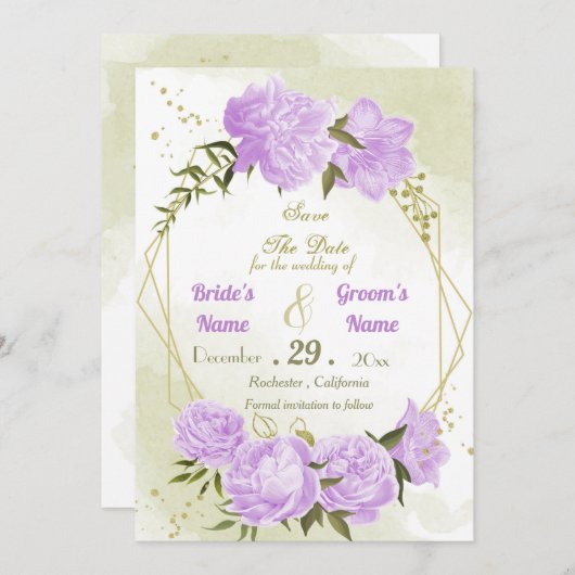 美しい紫の花の緑の幾何葉のか セーブザデート (正面/裏面)