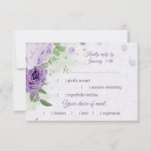 美しい紫の花の緑の葉お食事の選択 出欠カード (正面)