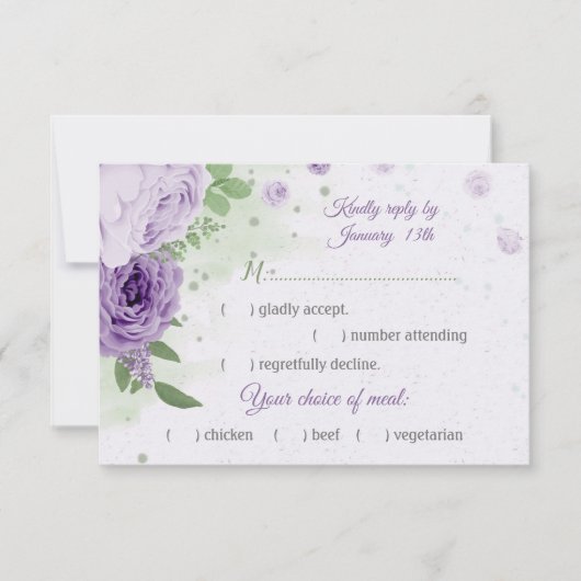 美しい紫の花の緑の葉お食事の選択 出欠カード (正面)