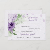 美しい紫の花の緑の葉お食事の選択 出欠カード (正面/裏面)