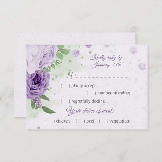 美しい紫の花の緑の葉お食事の選択 出欠カード (正面/裏面)