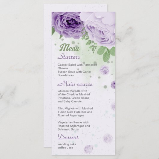 美しい紫の花の緑の葉植物性 メニュー (正面/裏面)