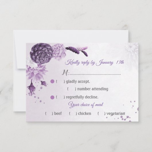 美しい紫の花の食事選択の返信カード
華やかな椿と可愛らしい蕾の菊の花の組み合わせ
ラメは本物ではあり 出欠カード (正面)