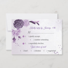 美しい紫の花の食事選択の返信カード
華やかな椿と可愛らしい蕾の菊の花の組み合わせ
ラメは本物ではあり 出欠カード