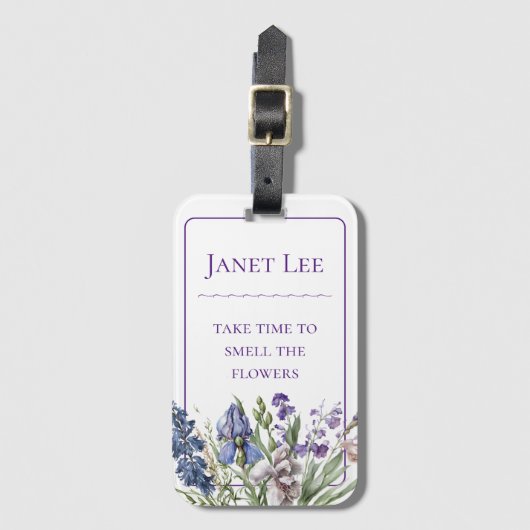 美しい紫の花模様と紫の枠 ラゲッジタグ (正面縦)