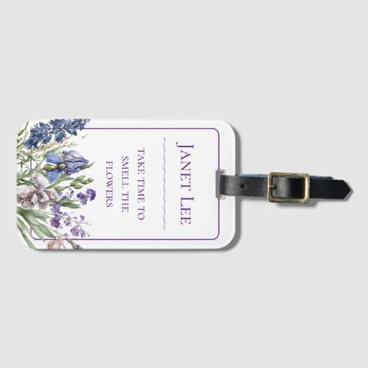 美しい紫の花模様と紫の枠 ラゲッジタグ (正面横)