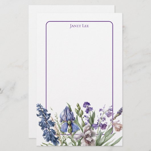 美しい紫の花模様と紫の枠 便箋 (正面/裏面)