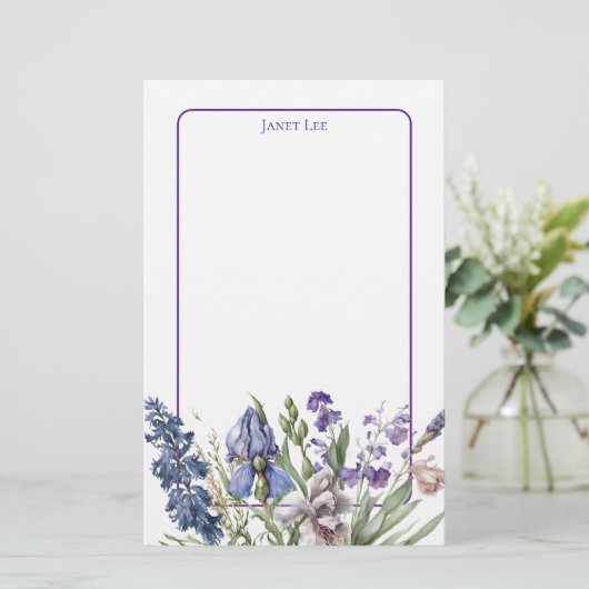 美しい紫の花模様と紫の枠 便箋 (スタンド正面)