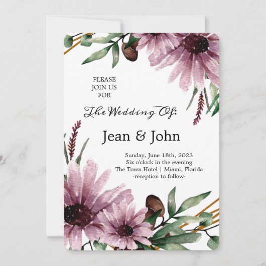 美しい紫の花結婚の 招待状 (正面)