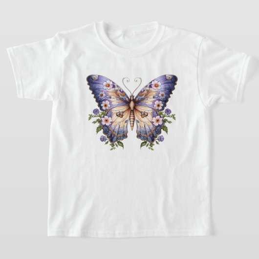 美しい紫の蝶と花のプリント  Tシャツ (レイダウン)