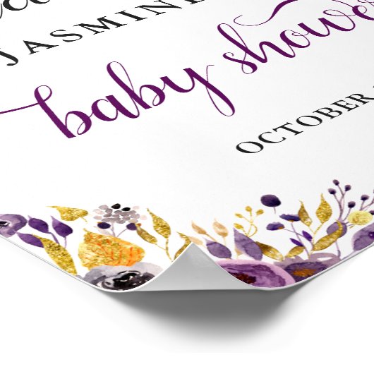 美しい紫の金ゴールドフローラ赤ちゃんシャワーのサイン ポスター (角)