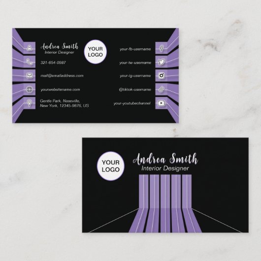 美しい紫の黒のソーシャルメディアのアイコンミニマル 名刺 (正面/裏面)