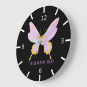 美しい紫パーソナライズされたと金ゴールドの蝶 ラージ壁時計 (傾斜)